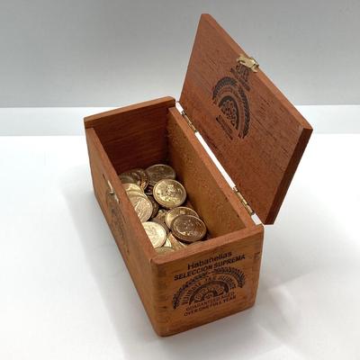 LOT 136: Collection of US President One Dollar $1.00 Loose Coins with $25 Uncirculated Roll of Thomas Jefferson Dollars in Cigar Box