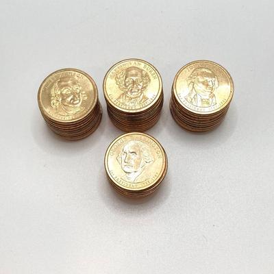 LOT 136: Collection of US President One Dollar $1.00 Loose Coins with $25 Uncirculated Roll of Thomas Jefferson Dollars in Cigar Box