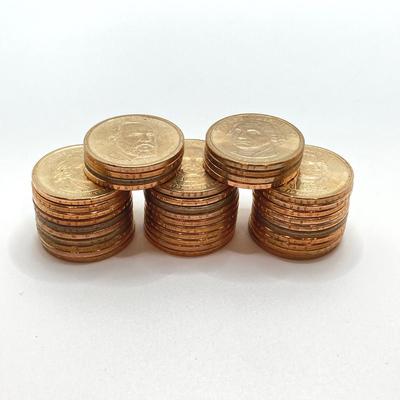 LOT 136: Collection of US President One Dollar $1.00 Loose Coins with $25 Uncirculated Roll of Thomas Jefferson Dollars in Cigar Box