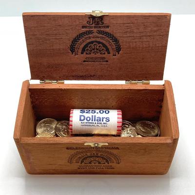 LOT 136: Collection of US President One Dollar $1.00 Loose Coins with $25 Uncirculated Roll of Thomas Jefferson Dollars in Cigar Box