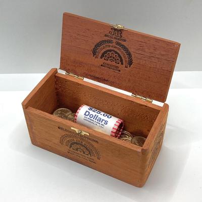 LOT 136: Collection of US President One Dollar $1.00 Loose Coins with $25 Uncirculated Roll of Thomas Jefferson Dollars in Cigar Box
