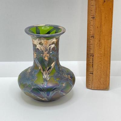 LOT 144: Art Nouveau Fine Silver Patented 3376 Art Glass Vase with Overlay