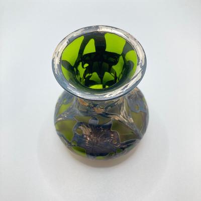 LOT 144: Art Nouveau Fine Silver Patented 3376 Art Glass Vase with Overlay