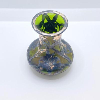 LOT 144: Art Nouveau Fine Silver Patented 3376 Art Glass Vase with Overlay