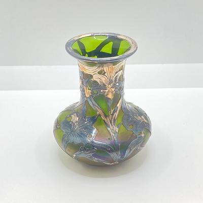 LOT 144: Art Nouveau Fine Silver Patented 3376 Art Glass Vase with Overlay