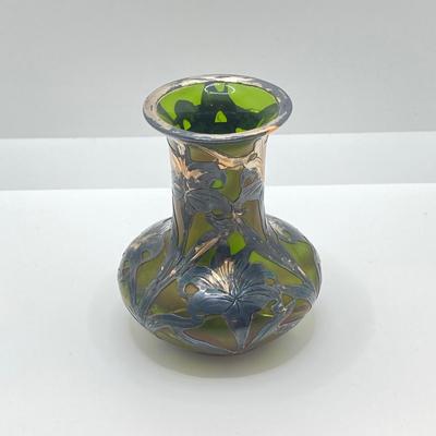 LOT 144: Art Nouveau Fine Silver Patented 3376 Art Glass Vase with Overlay