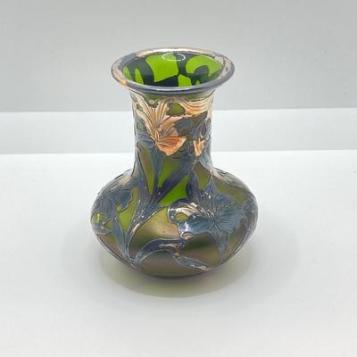 LOT 144: Art Nouveau Fine Silver Patented 3376 Art Glass Vase with Overlay