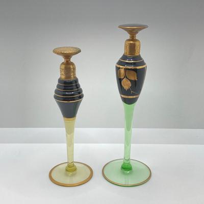LOT 145: Antique / Vintage Art Deco Gold Tone / Glass Perfume Bottles - Uranium Glass Style Included