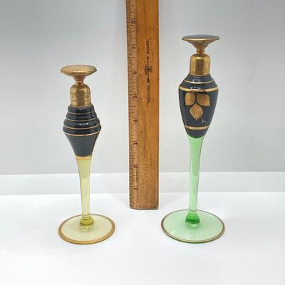 LOT 145: Antique / Vintage Art Deco Gold Tone / Glass Perfume Bottles - Uranium Glass Style Included