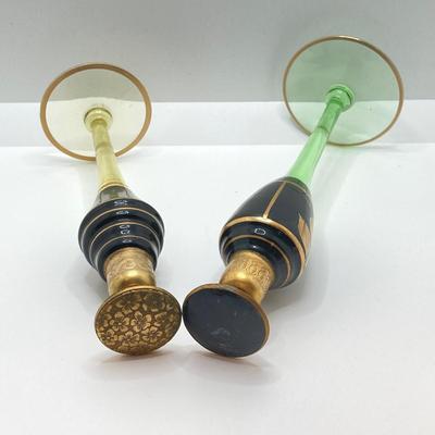LOT 145: Antique / Vintage Art Deco Gold Tone / Glass Perfume Bottles - Uranium Glass Style Included