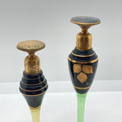 LOT 145: Antique / Vintage Art Deco Gold Tone / Glass Perfume Bottles - Uranium Glass Style Included