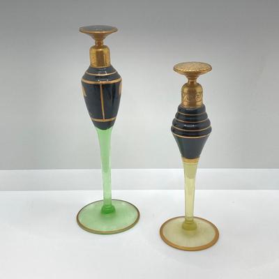 LOT 145: Antique / Vintage Art Deco Gold Tone / Glass Perfume Bottles - Uranium Glass Style Included