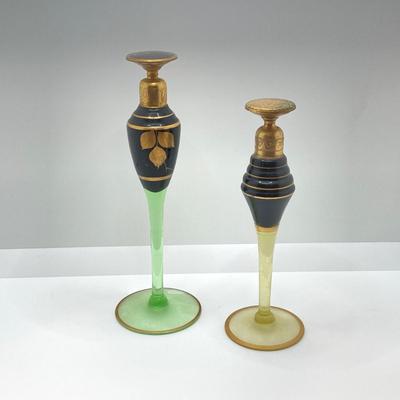 LOT 145: Antique / Vintage Art Deco Gold Tone / Glass Perfume Bottles - Uranium Glass Style Included