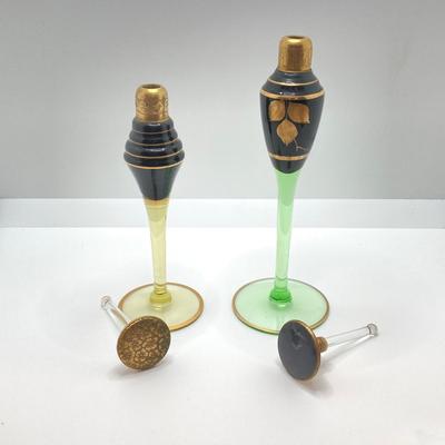 LOT 145: Antique / Vintage Art Deco Gold Tone / Glass Perfume Bottles - Uranium Glass Style Included