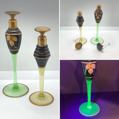 LOT 145: Antique / Vintage Art Deco Gold Tone / Glass Perfume Bottles - Uranium Glass Style Included