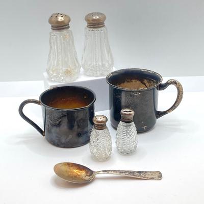 LOT 147: Collection of Vintage Sterling and More - Personalized Cup, Spoon and Salt and Pepper Shakers (2 Sets) - 87.9 gtw