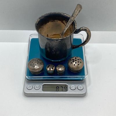 LOT 147: Collection of Vintage Sterling and More - Personalized Cup, Spoon and Salt and Pepper Shakers (2 Sets) - 87.9 gtw