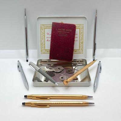 LOT 150: Collection of Vintage Writing Utensils, Keys and More - Cross, Parker and Wahl Eversharp Gold Plated Included