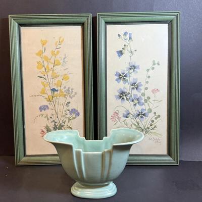 LOT 166: Vintage Rum Rill Ceramic Vase and Fleck Bros. Floral Wall Art