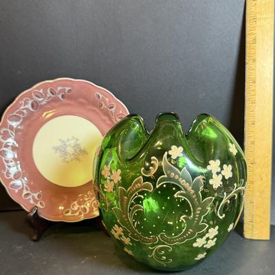 LOT 168: Vintage Bohemian Green Art Glass Bowl and Koniglinch Tettau Dish