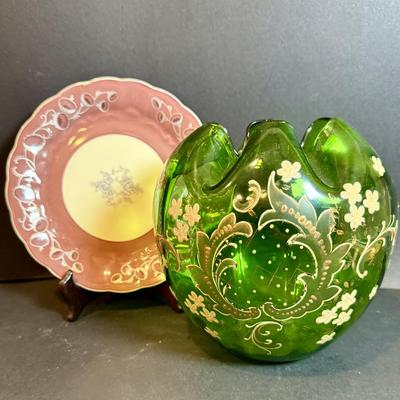 LOT 168: Vintage Bohemian Green Art Glass Bowl and Koniglinch Tettau Dish