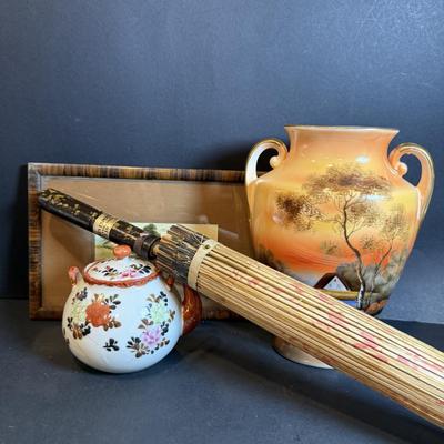 LOT 169: Asian Inspired Collection - Noritake Landscape Vase, Floral Teapot, Vintage Wall Art and Paper Umbrella from 1936