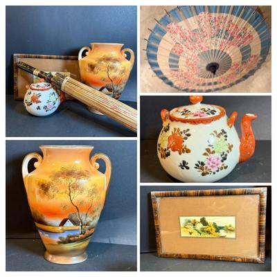 LOT 169: Asian Inspired Collection - Noritake Landscape Vase, Floral Teapot, Vintage Wall Art and Paper Umbrella from 1936