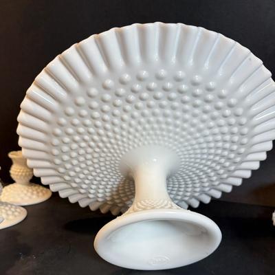 LOT 173: Collection of Vintage Fenton Hobnail Milk Glass Pieces Including, Cake Stand, Candle Sticks, Bowls and Dishes