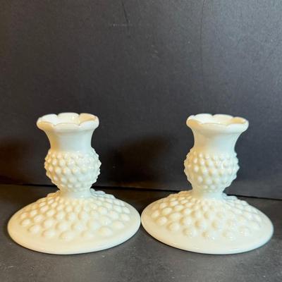 LOT 173: Collection of Vintage Fenton Hobnail Milk Glass Pieces Including, Cake Stand, Candle Sticks, Bowls and Dishes