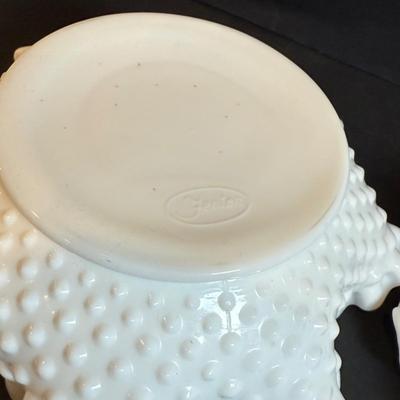 LOT 173: Collection of Vintage Fenton Hobnail Milk Glass Pieces Including, Cake Stand, Candle Sticks, Bowls and Dishes