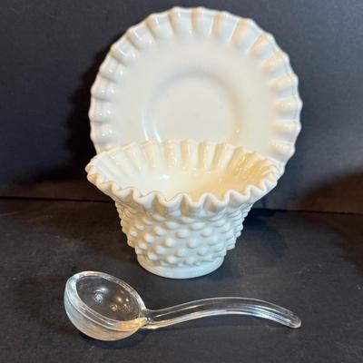LOT 173: Collection of Vintage Fenton Hobnail Milk Glass Pieces Including, Cake Stand, Candle Sticks, Bowls and Dishes