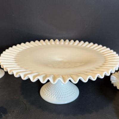 LOT 173: Collection of Vintage Fenton Hobnail Milk Glass Pieces Including, Cake Stand, Candle Sticks, Bowls and Dishes