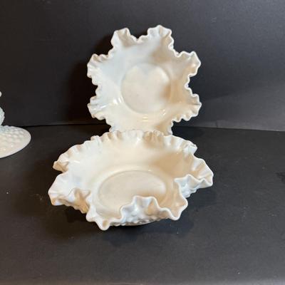 LOT 173: Collection of Vintage Fenton Hobnail Milk Glass Pieces Including, Cake Stand, Candle Sticks, Bowls and Dishes