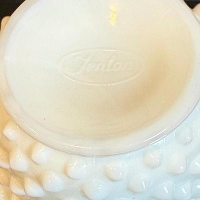 LOT 173: Collection of Vintage Fenton Hobnail Milk Glass Pieces Including, Cake Stand, Candle Sticks, Bowls and Dishes