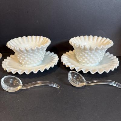 LOT 173: Collection of Vintage Fenton Hobnail Milk Glass Pieces Including, Cake Stand, Candle Sticks, Bowls and Dishes