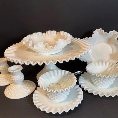 LOT 173: Collection of Vintage Fenton Hobnail Milk Glass Pieces Including, Cake Stand, Candle Sticks, Bowls and Dishes