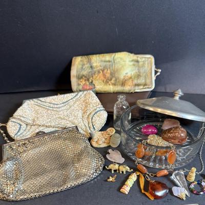LOT Vintage Metal and Beaded Purses, Eyeglass Case and a Bunch of Baubles and More