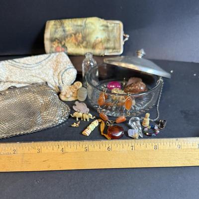 LOT Vintage Metal and Beaded Purses, Eyeglass Case and a Bunch of Baubles and More