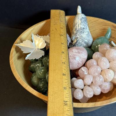 LOT 178: Beautiful Polished Stone/Marble Fruit and Eggs in a Wooden Bowl