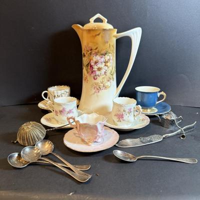 LOT 179: Vintage Hot Chocolate Pot and Demi Teacups an Saucers, Tea Bobbers and Spoons