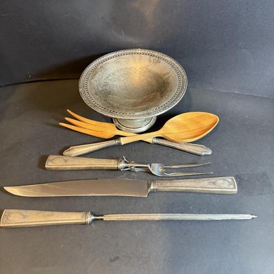 LOT 180: Antique (1779) Sterling Silver Compote 170.6g in weight, Wooden Spoon and Fork with Weighted Serling Silver Handles and a...