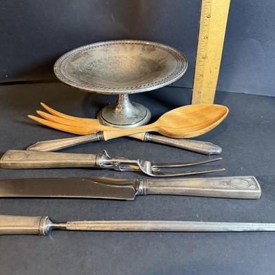 LOT 180: Antique (1779) Sterling Silver Compote 170.6g in weight, Wooden Spoon and Fork with Weighted Serling Silver Handles and a...