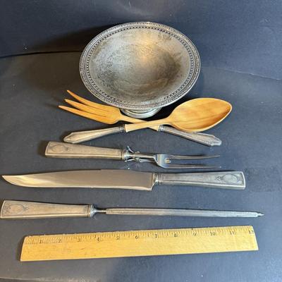 LOT 180: Antique (1779) Sterling Silver Compote 170.6g in weight, Wooden Spoon and Fork with Weighted Serling Silver Handles and a...