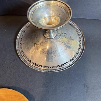 LOT 180: Antique (1779) Sterling Silver Compote 170.6g in weight, Wooden Spoon and Fork with Weighted Serling Silver Handles and a...