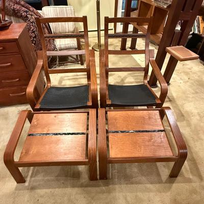 LOT 187: Pair of IKEA Poang Wooden armchairs with Ottomans
