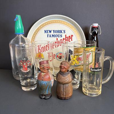 LOT 197: Vintage Barware Collection: Carved Corkscrews Set, Knickerbocker Beer Serving Tray, Philadelphia Seltzer Bottle & More