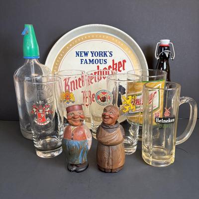 LOT 197: Vintage Barware Collection: Carved Corkscrews Set, Knickerbocker Beer Serving Tray, Philadelphia Seltzer Bottle & More