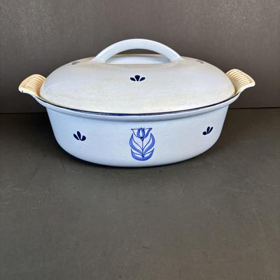 LOT 207: Dru Holland Enamel Cast Iron Oval Casserole Dish w/Lid & Dansk Orecast Yellow Enamel Cast Iron Dutch Oven