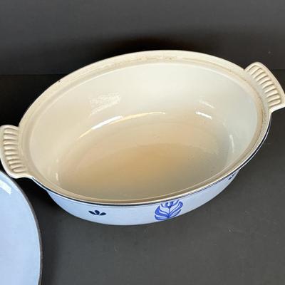 LOT 207: Dru Holland Enamel Cast Iron Oval Casserole Dish w/Lid & Dansk Orecast Yellow Enamel Cast Iron Dutch Oven