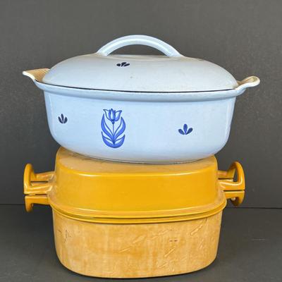 LOT 207: Dru Holland Enamel Cast Iron Oval Casserole Dish w/Lid & Dansk Orecast Yellow Enamel Cast Iron Dutch Oven